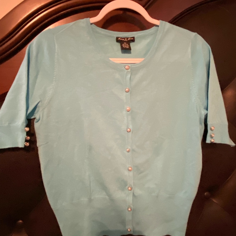 Audrey & Grace Mint Blue Pearl-Button Short Sleeve Cardigan